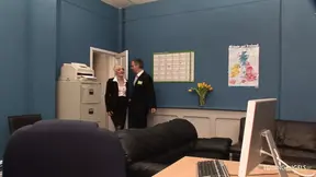 An office interview turns spicy once the brunette and blonde chicks beg for group sex
