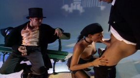 Hardcore Trio with DP on a bench for a hot brunette and a trapped businessman