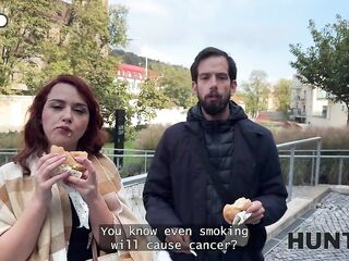 HUNT4K. Hot redhead wench is sufficiently of junk food and her naive BF and fucke