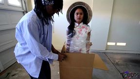 asian teen midget with qr code arrives by mail