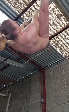 Nude Acrobatics Nude on My Pull up Bar, Invert (upside Down) Straddle. View My Straddle Legs Spread Wide From Front Back