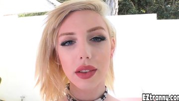 Skinny teen tranny fucking herself and masturbating