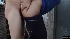 Hot couple with big tits give homemade blowjob, risking being seen by neighbors