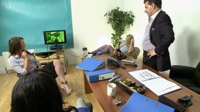 Busty brunette cookie gets fucked wearing stockings after a meeting