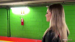 risky public blowjob: blonde slut swallows it all