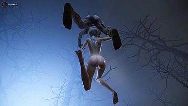 A monster with a huge dick fucks a blonde's throat in the forest and covers her body with sperm. VR