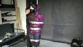 Aiyana bound, gagged, vibed and satisfied :) in a shiny nylon Downjacket