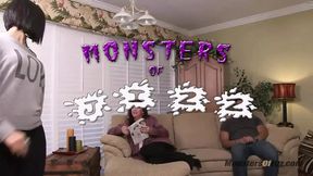 Stepmom and stepdaughter take turns stroking cock