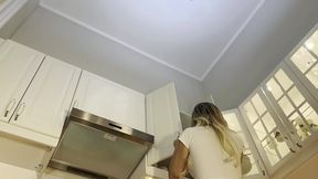 Steamy Latina With Massive Boobs Teases In Backless Apron While Making Coffee