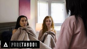 Mom's forbidden flesh on stepdaughter's lips in depraved taboo tale