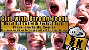 VR 3D 8K - Beautiful Girl shows her perfect teeth and bites, chews, squashes with her Strong Teeth very close to the camera Haribo Happy Cherries