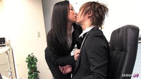 petite japanese secretary seduce to creampie fuck in mmf threesome at asian office in uncensored jav