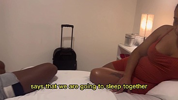 Step Mom And Step Son Share a Bed In A Hotel Room. English subtitles