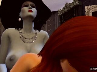 Resident Evil 8 Lady Vampire (Alcina Dimitrescu) Dominates Busty Redhead with Lesbian Sex - SHA