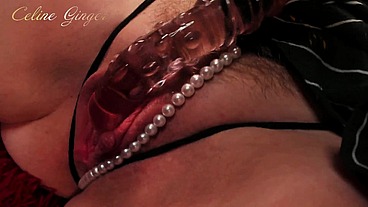 Orgasm from a glass dildo. Close up.