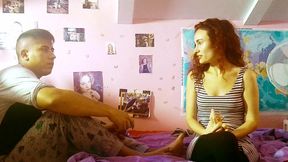 ariel ortiz is surprised because his stepbrother is in his room playing the console. it s an excuse, since he has liked her for a long time, so they play together in bed