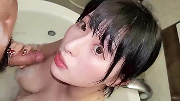 Japanese black-haired beauty. Big tits. Blowjob and shaved pussy creampie sex. Uncensored
