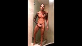 i take a hot shower playing with my hard cock for a fan
