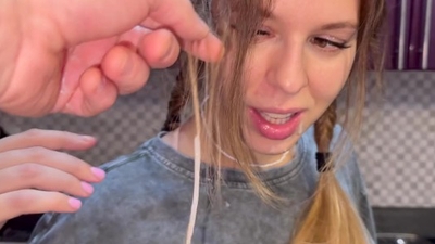 The flatmate-chick doesn't mind periodic fucking in the kitchen and get cum in her mouth and pigtails