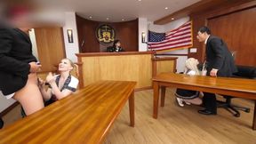 Asian Office Damsel, Ink-Skinned, Gets Pounded in Courtroom Threesome, Swallows Both