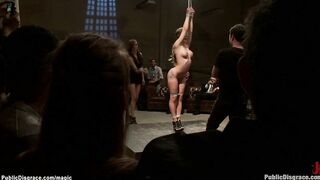 Bound and blindfolded slave in public