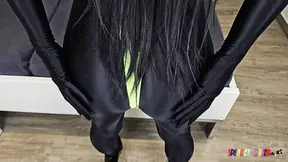 SpandexQueen Hard Fucks Her Black Suit, Jerks Him Off In His Manhood