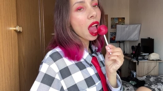 Red lipstick fetish and lollipop licking