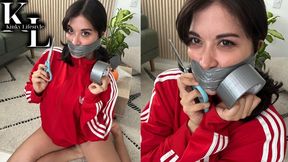 Simona's Self Duct Tape WrapGag in Red Adidas Sweater (Gag Talk, Self Shot, 6 rounds)