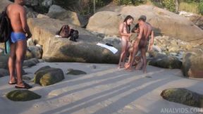 Beachside blowbang bonanza: 2 monstrous dicks ravage an unsuspecting Brazilian teen hottie, Heloa Green gets devoured