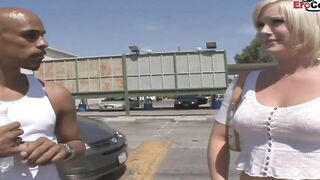 Bushy blonde thot with tiny natural titties gets her first bbcs