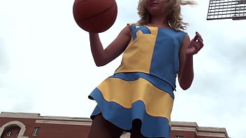 Lorine in Cheer Uniform and Pantyhose Shooting Basketball No Panties On Flashing