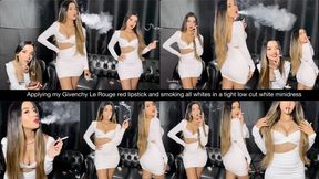 Applying my Givenchy Le Rouge red lipstick and smoking all whites in a tight low cut white minidress