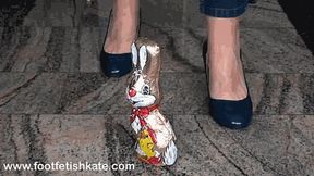 A big chocolate Bynny crushed with my cute blue high heels