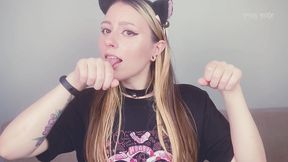 cat girl is waiting for her owner from work and stretches her pussy with giant dildo