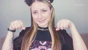 cat girl is waiting for her owner from work and stretches her pussy with giant dildo
