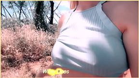 Sexy hiking wife exposes tantalizing cleavage on trekking route, beckoning randy hikers