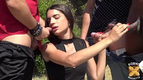 Busty Candie enjoys outdoor group butt&#x1F351;-play