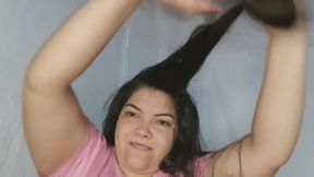 BBW girl stretches her long black hair - Trichophilia - hair pulling fetish