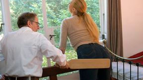 Another angle on Amelia Rutherford’s stunning booty paddled in tight jeans