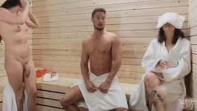 Skyy Sneaks Peeks at Bailey's Hot Curves in Sauna While His GF Sits Clueless