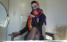 Satin scarf mask, headscarf and leather jacket