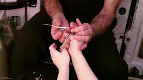 thumb cuff bondage fingernail clipping in the van