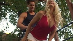 Lecherous blonde fondles her big melons while getting pounded