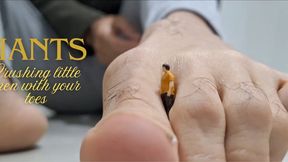 Giant crushes little men with his toes