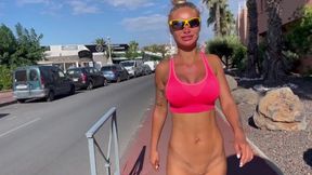 Monika Fox's public panties-free tease down city streets, morning's sinful display