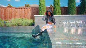 Christy Swims wearing Jeans, Sweater, Boots and a Jacket