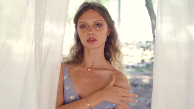 Small tits erotic babe Amelie Lou getting undressed outdoors