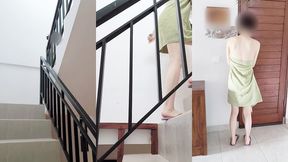 climbing stairs after taking a bath with only a towel on.