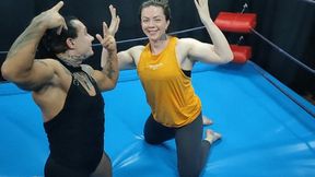 2 fem bodybuilders and fem wrestler wrestle each other