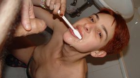 Self Piss and Washing her teeth with my Cum and Piss